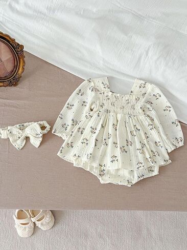 Baby Girl Long Sleeve Floral Romper & Bow - tie Headband Set - Ideal for 3M - 24M in Saudi Arabia