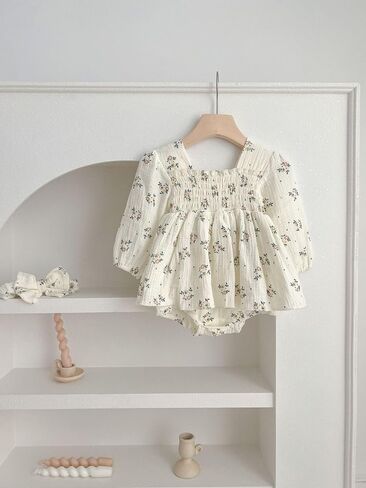 Baby Girl Long Sleeve Floral Romper & Bow - tie Headband Set - Ideal for 3M - 24M in Saudi Arabia