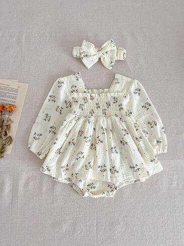 Baby Girl Long Sleeve Floral Romper & Bow - tie Headband Set - Ideal for 3M - 24M in Saudi Arabia