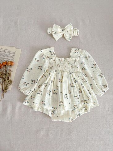 Baby Girl Long Sleeve Floral Romper & Bow - tie Headband Set - Ideal for 3M - 24M in Saudi Arabia