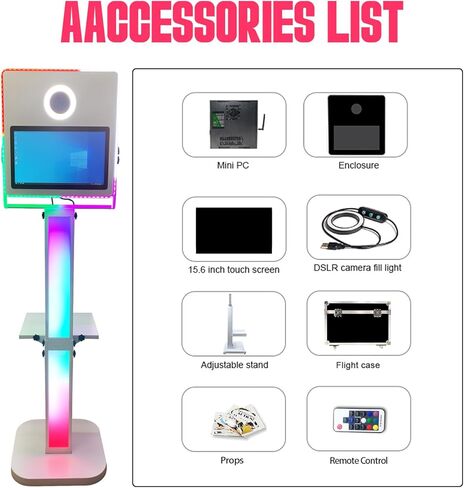 كشك صور بمرآة كاميرا محمولة مع شاشة تعمل باللمس مقاس 15.6 بوصة كشك تصوير سيلفي كشك تصوير DSLR مع حقيبة طيران لحدث حفل الزفاف (مجموعة كاملة 1، آلة بيضاء) in Kuwait