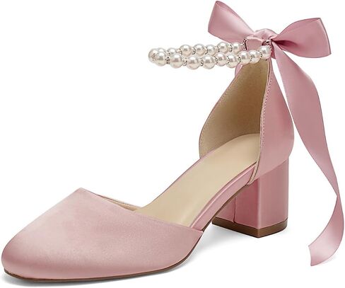 Women's Round Toe Satin Wedding Shoes Chunky Block Heels with Pearls Bridal Pumps Ankle Strap Prom Evening Party Shoes Sandal in Kuwait