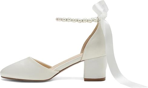 Women's Round Toe Satin Wedding Shoes Chunky Block Heels with Pearls Bridal Pumps Ankle Strap Prom Evening Party Shoes Sandal in Kuwait