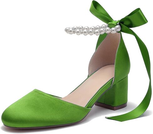 Women's Round Toe Satin Wedding Shoes Chunky Block Heels with Pearls Bridal Pumps Ankle Strap Prom Evening Party Shoes Sandal in Kuwait