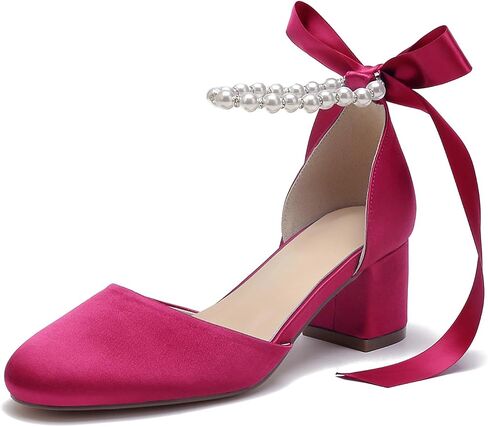 Women's Round Toe Satin Wedding Shoes Chunky Block Heels with Pearls Bridal Pumps Ankle Strap Prom Evening Party Shoes Sandal in Kuwait