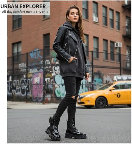 منصة أحذية قتالية للنساء Goth Punk Moto Biker أحذية الكاحل مكتنزة مع جيب الحقيبة لامعة براءات الاختراع والجلود العروة وحيد Y2K Edgy Fashion Boot in Kuwait