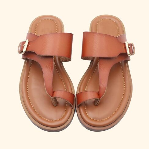 Women'S Leather Flat Toe Ring Flip Flops With Adjustable Buckle Slip On Comfortable T-Strap Toe Clip Slides Sandals For Daily Travel Causal Beach in Saudi Arabia