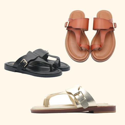 Women'S Leather Flat Toe Ring Flip Flops With Adjustable Buckle Slip On Comfortable T-Strap Toe Clip Slides Sandals For Daily Travel Causal Beach in Saudi Arabia