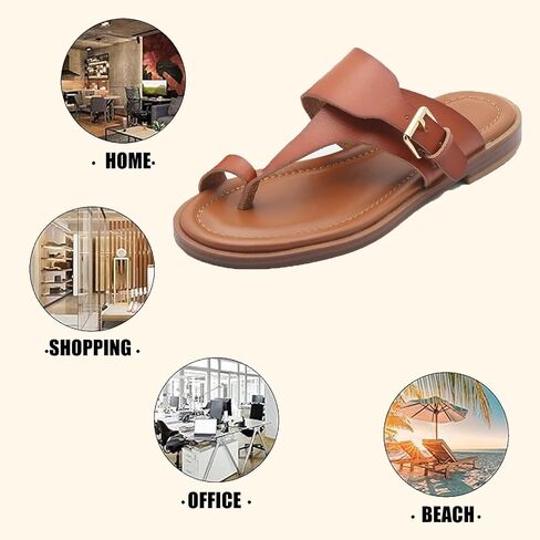 Women'S Leather Flat Toe Ring Flip Flops With Adjustable Buckle Slip On Comfortable T-Strap Toe Clip Slides Sandals For Daily Travel Causal Beach in Saudi Arabia