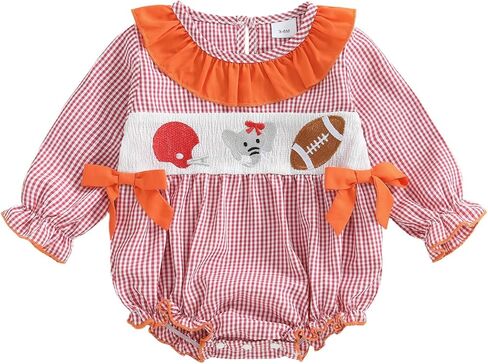 Baby Girl Football Smocked Outfit Plaid Rugby Animal Embroidered Crew Neck Long Sleeve Romper with Headband in Kuwait