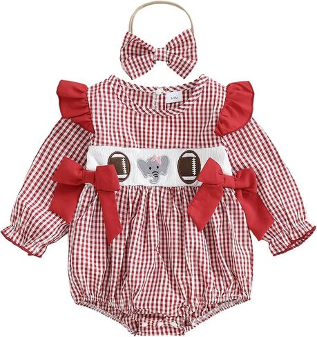 Baby Girl Football Smocked Outfit Plaid Rugby Animal Embroidered Crew Neck Long Sleeve Romper with Headband in Kuwait