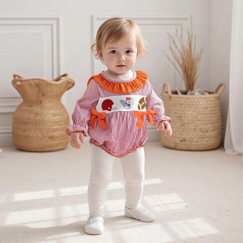 Baby Girl Football Smocked Outfit Plaid Rugby Animal Embroidered Crew Neck Long Sleeve Romper with Headband in Kuwait