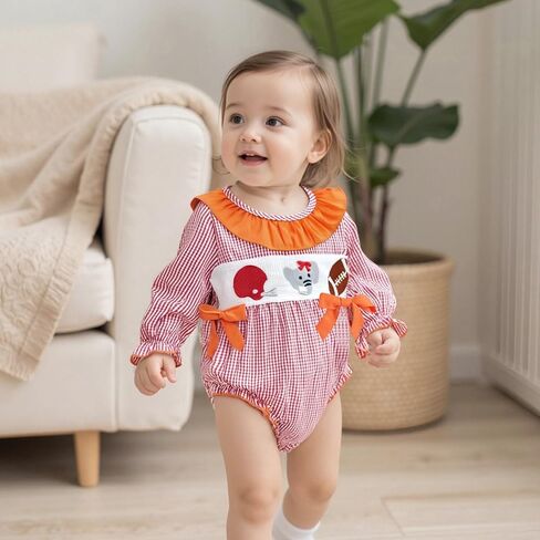 Baby Girl Football Smocked Outfit Plaid Rugby Animal Embroidered Crew Neck Long Sleeve Romper with Headband in Kuwait