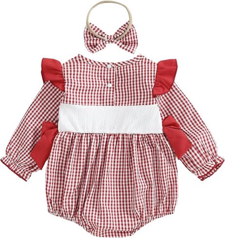 Baby Girl Football Smocked Outfit Plaid Rugby Animal Embroidered Crew Neck Long Sleeve Romper with Headband in Kuwait