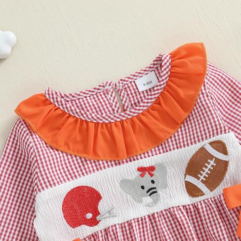 Baby Girl Football Smocked Outfit Plaid Rugby Animal Embroidered Crew Neck Long Sleeve Romper with Headband in Kuwait