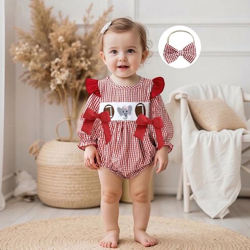 Baby Girl Football Smocked Outfit Plaid Rugby Animal Embroidered Crew Neck Long Sleeve Romper with Headband in Kuwait