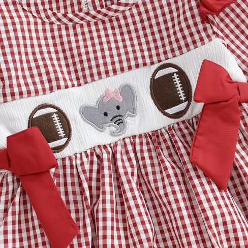 Baby Girl Football Smocked Outfit Plaid Rugby Animal Embroidered Crew Neck Long Sleeve Romper with Headband in Kuwait