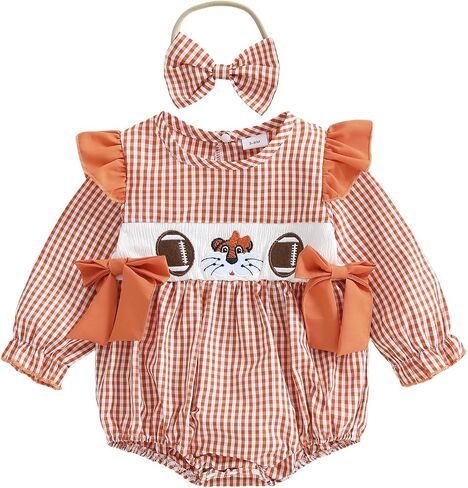 Baby Girl Football Smocked Outfit Plaid Rugby Animal Embroidered Crew Neck Long Sleeve Romper with Headband in Kuwait