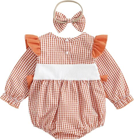 Baby Girl Football Smocked Outfit Plaid Rugby Animal Embroidered Crew Neck Long Sleeve Romper with Headband in Kuwait