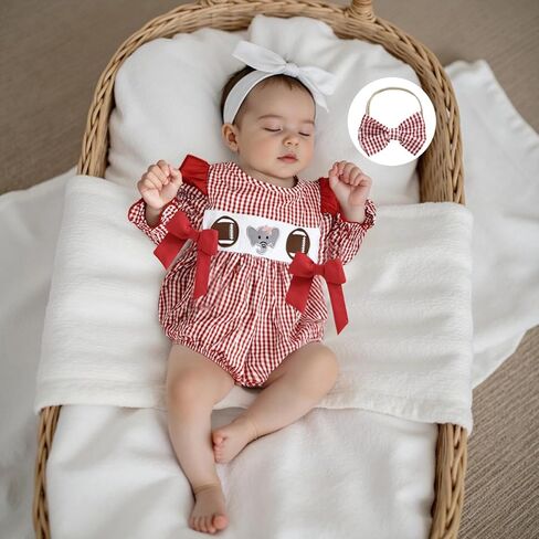 Baby Girl Football Smocked Outfit Plaid Rugby Animal Embroidered Crew Neck Long Sleeve Romper with Headband in Kuwait