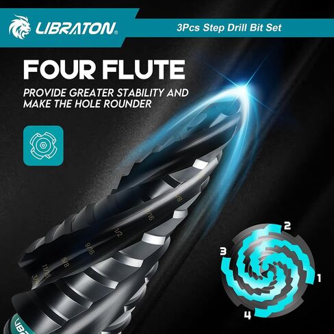 LIBRATON Four Spiral Flute Step Drill Bit, M35 Cobalt Unibit Step Drill Bit Set 3/16"-7/8", AlTiN Coated Step Bits, Four Spiral Flute, 1/4" Hex Shank for Metal, Stainless Steel, Aluminum, Plastic in Saudi Arabia