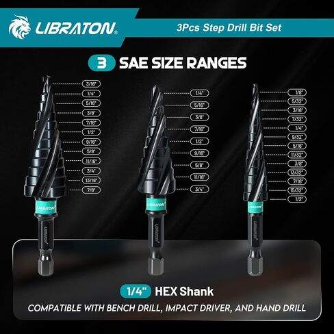 LIBRATON Four Spiral Flute Step Drill Bit, M35 Cobalt Unibit Step Drill Bit Set 3/16"-7/8", AlTiN Coated Step Bits, Four Spiral Flute, 1/4" Hex Shank for Metal, Stainless Steel, Aluminum, Plastic in Saudi Arabia