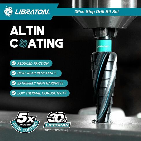 LIBRATON Four Spiral Flute Step Drill Bit, M35 Cobalt Unibit Step Drill Bit Set 3/16"-7/8", AlTiN Coated Step Bits, Four Spiral Flute, 1/4" Hex Shank for Metal, Stainless Steel, Aluminum, Plastic in Saudi Arabia