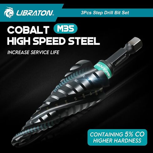 LIBRATON Four Spiral Flute Step Drill Bit, M35 Cobalt Unibit Step Drill Bit Set 3/16"-7/8", AlTiN Coated Step Bits, Four Spiral Flute, 1/4" Hex Shank for Metal, Stainless Steel, Aluminum, Plastic in Saudi Arabia