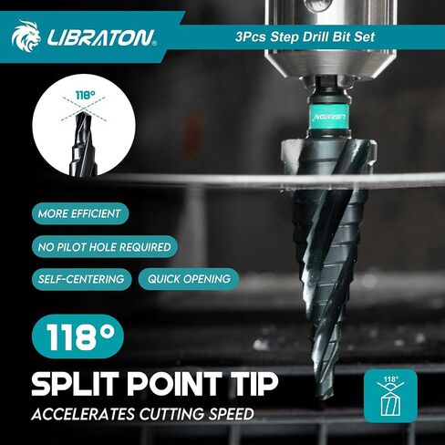 LIBRATON Four Spiral Flute Step Drill Bit, M35 Cobalt Unibit Step Drill Bit Set 3/16"-7/8", AlTiN Coated Step Bits, Four Spiral Flute, 1/4" Hex Shank for Metal, Stainless Steel, Aluminum, Plastic in Saudi Arabia