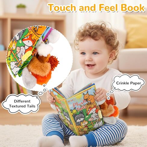 HECCEI Baby Cloth Books Soft Baby Book 0-6 Months Crinkle Books with Tail Touch and Feel Sensory Toys for Infant Tummy Time for 3 Months+, Plush Tails in Kuwait