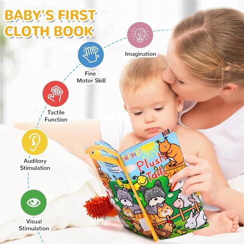 HECCEI Baby Cloth Books Soft Baby Book 0-6 Months Crinkle Books with Tail Touch and Feel Sensory Toys for Infant Tummy Time for 3 Months+, Plush Tails in Kuwait