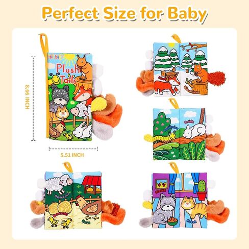 HECCEI Baby Cloth Books Soft Baby Book 0-6 Months Crinkle Books with Tail Touch and Feel Sensory Toys for Infant Tummy Time for 3 Months+, Plush Tails in Kuwait