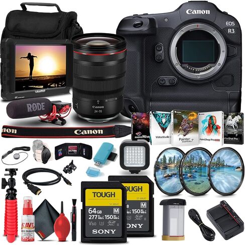 كاميرا Canon EOS R3 بدون مرآة (4895C002) + عدسة Canon RF مقاس 24-70 مم + شاشة 4K + Rode VideoMic + 2 بطاقة SD قوية سعة 64 جيجابايت من سوني + طقم مرشح + قارئ بطاقات + Light + برنامج Corel للصور + المزيد (متجدد) in Saudi Arabia