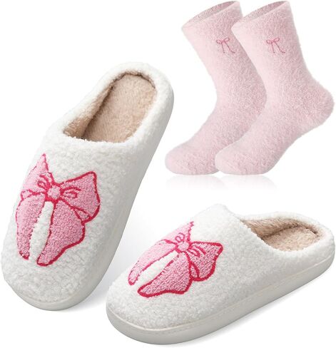 Geyoga Pink Bow Coquette Slippers Sock Lover Gift Women Fluffy Plush Non Skid House Cute Cartoon Bow Slippers Christmas Gift in Saudi Arabia