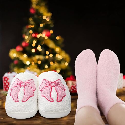 Geyoga Pink Bow Coquette Slippers Sock Lover Gift Women Fluffy Plush Non Skid House Cute Cartoon Bow Slippers Christmas Gift in Saudi Arabia
