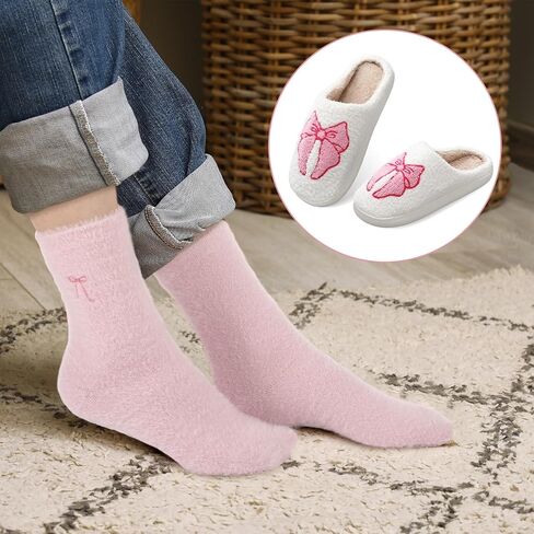 Geyoga Pink Bow Coquette Slippers Sock Lover Gift Women Fluffy Plush Non Skid House Cute Cartoon Bow Slippers Christmas Gift in Saudi Arabia