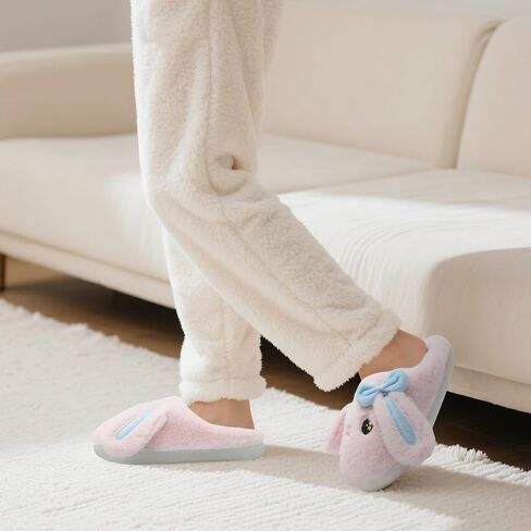 Bunny Slippers for Women and Men, Cute Animal Bow Fuzzy Fluffy Comfy Plush Cartoon Woman Funny Rabbit Pillow Cloud Home Bedroom House Slipper for Womens Indoor Shoes, Pink in Saudi Arabia