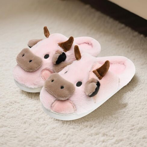 Cow Slippers for Women & Men - Plush Soft Non-Slip House Slipper, Winter Warm Fuzzy Shoes with Comfort Memory Foam, Pink in Saudi Arabia