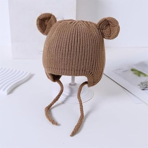 Soft and Warm Knitted Hats for Boys and Girls, Cute Bear Ears, Casual and Comfortable, with a Chin tie. Coffee Brown in Saudi Arabia