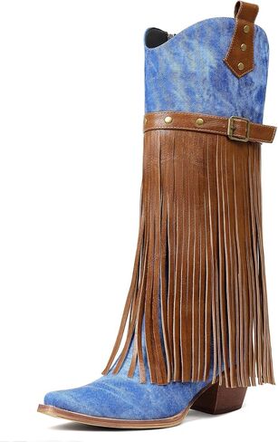 Cozivwaiy النساء هامش حذاء برقبة للركبة منتصف كعب كاوبوي التمهيد مع شرابة بولي Leather جلد البلد كونسنت أحذية الحفلات كعب كتلة مكتنزة in Kuwait