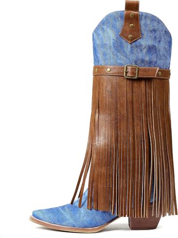 Cozivwaiy النساء هامش حذاء برقبة للركبة منتصف كعب كاوبوي التمهيد مع شرابة بولي Leather جلد البلد كونسنت أحذية الحفلات كعب كتلة مكتنزة in Kuwait