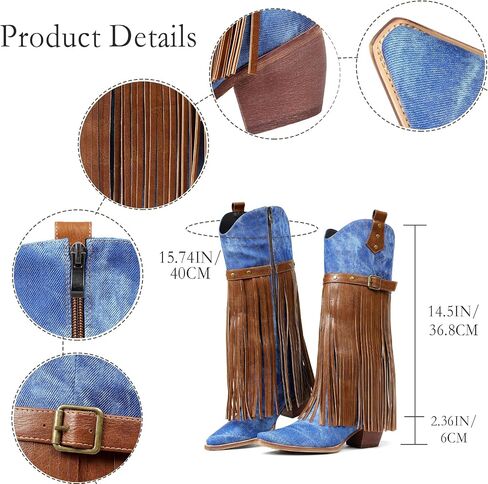 Cozivwaiy النساء هامش حذاء برقبة للركبة منتصف كعب كاوبوي التمهيد مع شرابة بولي Leather جلد البلد كونسنت أحذية الحفلات كعب كتلة مكتنزة in Kuwait