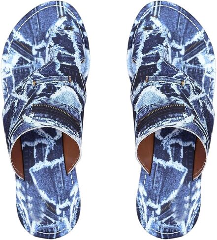 صندل نسائي مسطح من قماش الدنيم من GORGLITTER مفتوح من الأمام ومقطع بعرض واسع للعطلات in Kuwait