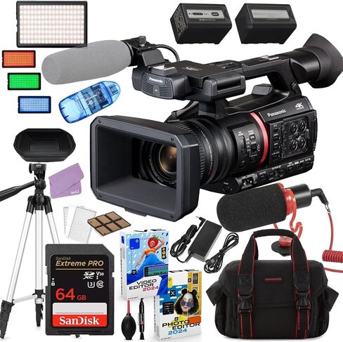 Panasonic AG-CX370 UHD 4K Pro Camcorder Bundle + Accessory Package Including 64GB Extreme Pro Memory, LED Video Light, Microphone, Case & More (24 Items) (Renewed) in Saudi Arabia