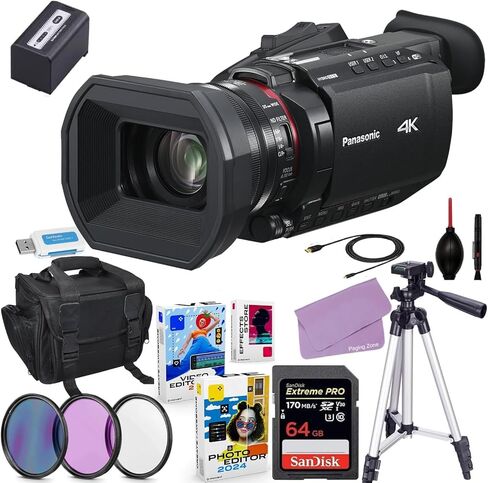 كاميرا فيديو باناسونيك HC-X1600 UHD 4K HDMI مع حزمة تكبير 24x + مجموعة ملحقات تتضمن ذاكرة Extreme Pro سعة 64 جيجابايت، ومرشحات، وحقيبة، وحزمة برامج تحرير الفيديو/الصور والمزيد (18 عنصرًا) (متجددة) in Kuwait