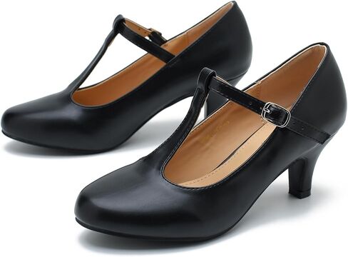 حذاء نسائي بكعب منخفض للقطط من Mary Jane Retro بشريط على شكل حرف T مريح للعمل في المكتب in Kuwait