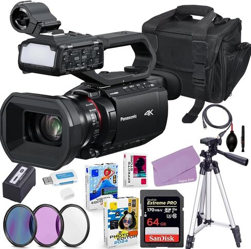 حزمة كاميرا الفيديو Panasonic HC-X2100 UHD 4K 3G-SDI/HDMI Pro + مجموعة ملحقات تتضمن ذاكرة Extreme Pro سعة 64 جيجابايت، ومرشحات، وحقيبة، وحزمة برامج تحرير الفيديو/الصور والمزيد (22 عنصرًا) (متجددة) in Kuwait