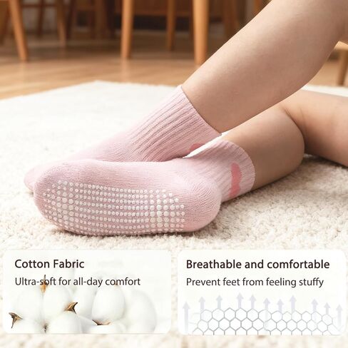 Non-Slip Cotton Toddler Grip Crew Socks with Stripe Heart Animal | Unisex for Baby Boys Girls, Anti Skid Soles in Saudi Arabia