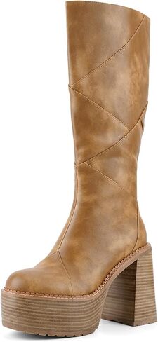 QIV Knee High Platform for Women Chunky Round Toe High Heel Motorcycle Combat Punk Tall Boots with Side Zipper in Kuwait