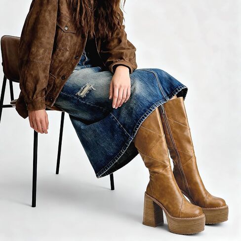 QIV Knee High Platform for Women Chunky Round Toe High Heel Motorcycle Combat Punk Tall Boots with Side Zipper in Kuwait